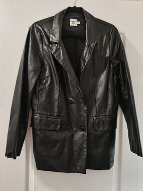 Faux Leather Double-Breasted Jacket - Black